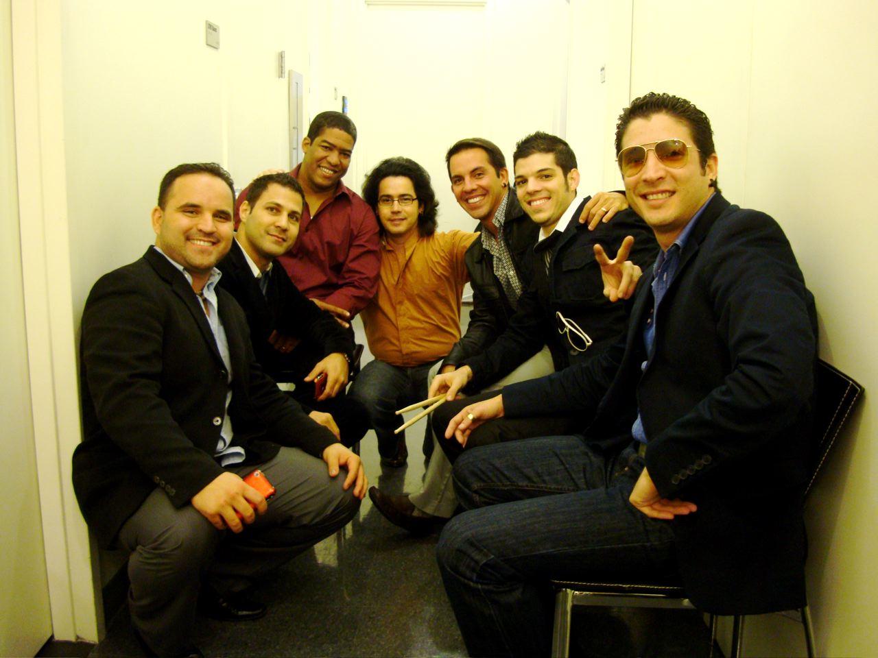 Tiempo Libre backstage at the WNYC studios. From left: Luis Beltran Castillo, Cristobal Ferrer Garcia, Leandro Gonzalez, Tebelio (Tony) Fonte, Jorge Gomez, Armanda (Pututi) Arce, Joaquin (El Kid) Diaz